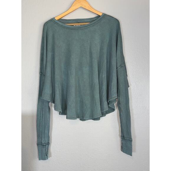 Free People Green Microphone Drop Thermal Top XS Waffle Knit Relaxed Oversized - Picture 2 of 8